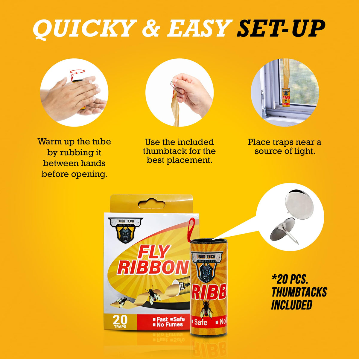 TwinTech Fly Ribbon - Fruit Fly Traps for Indoors and Outdoors - 20 Pack Premium Adhesive Strips with Pin - Hanging Trap for Bug, Gnat, Insect and Mosquito