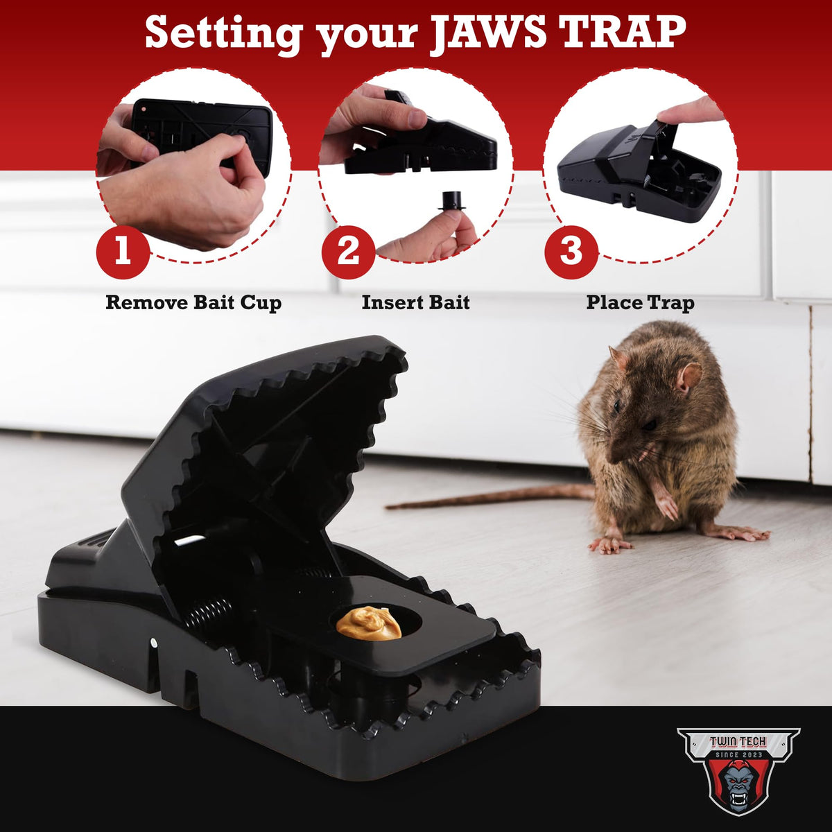 TwinTech Large Rat Traps – Reusable Touch-Free Snap Traps for Rats & Mice (12 Pack)