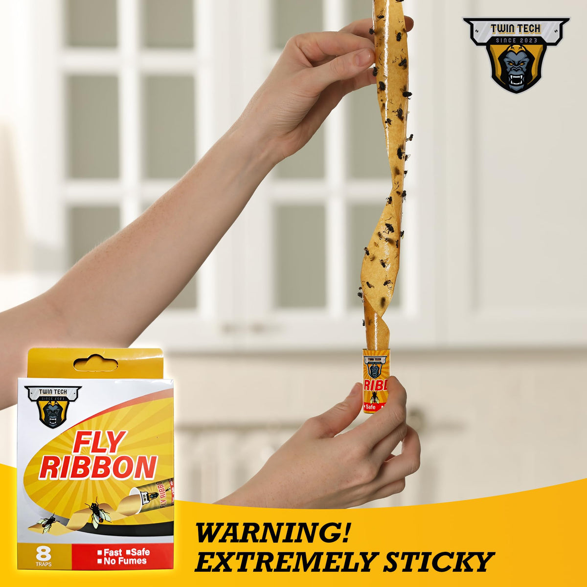 TwinTech Fly Ribbon - Fruit Fly Traps for Indoors and Outdoors - 8 Pack Premium Adhesive Strips with Pin - Hanging Trap for Bug, Gnat, Insect and Mosquito