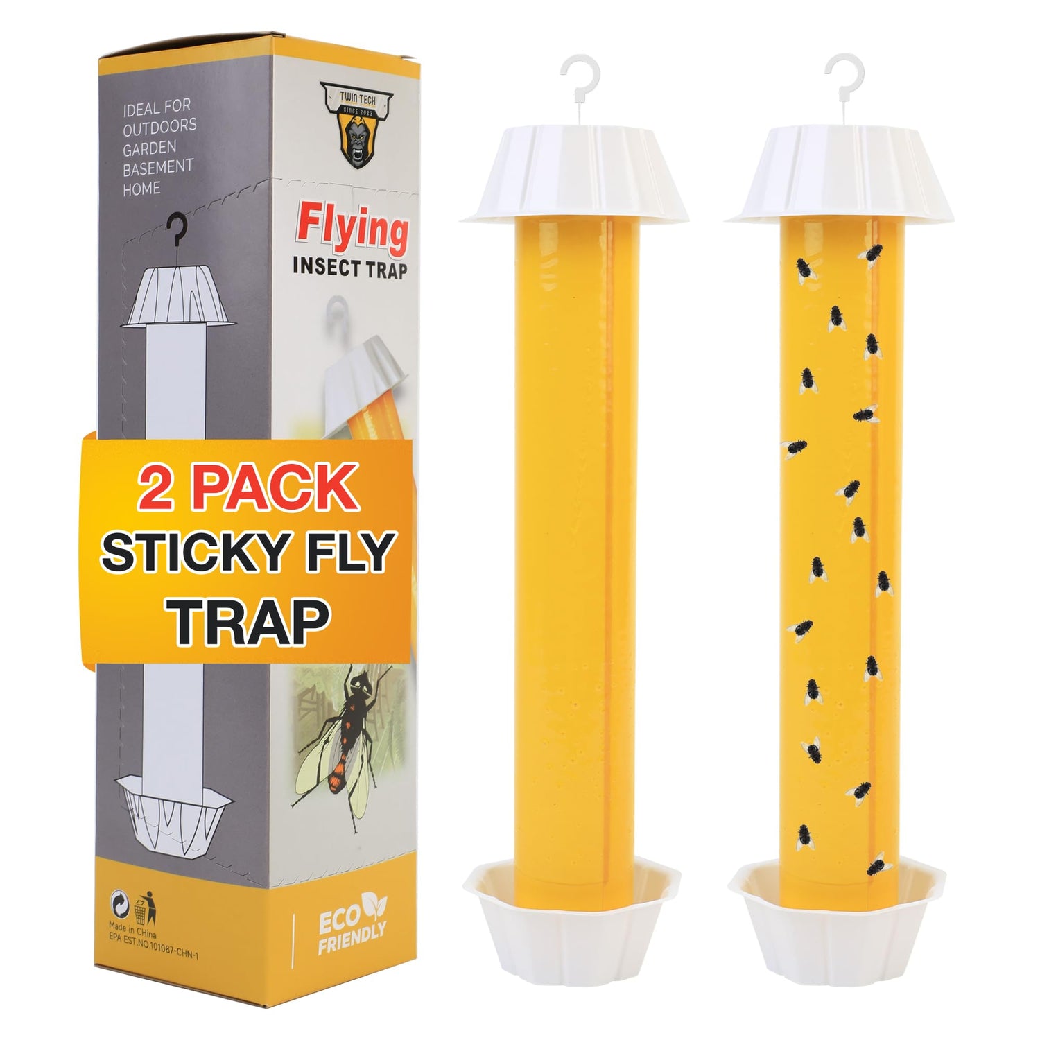 TwinTech Hanging Sticky Fly Traps | Sticky Fly Traps for Outdoors & Indoors to Control House Flies, Moths, & Other Flying Insects | Disposable and Easy-to-Use with Strong Stickiness | Pack of 2