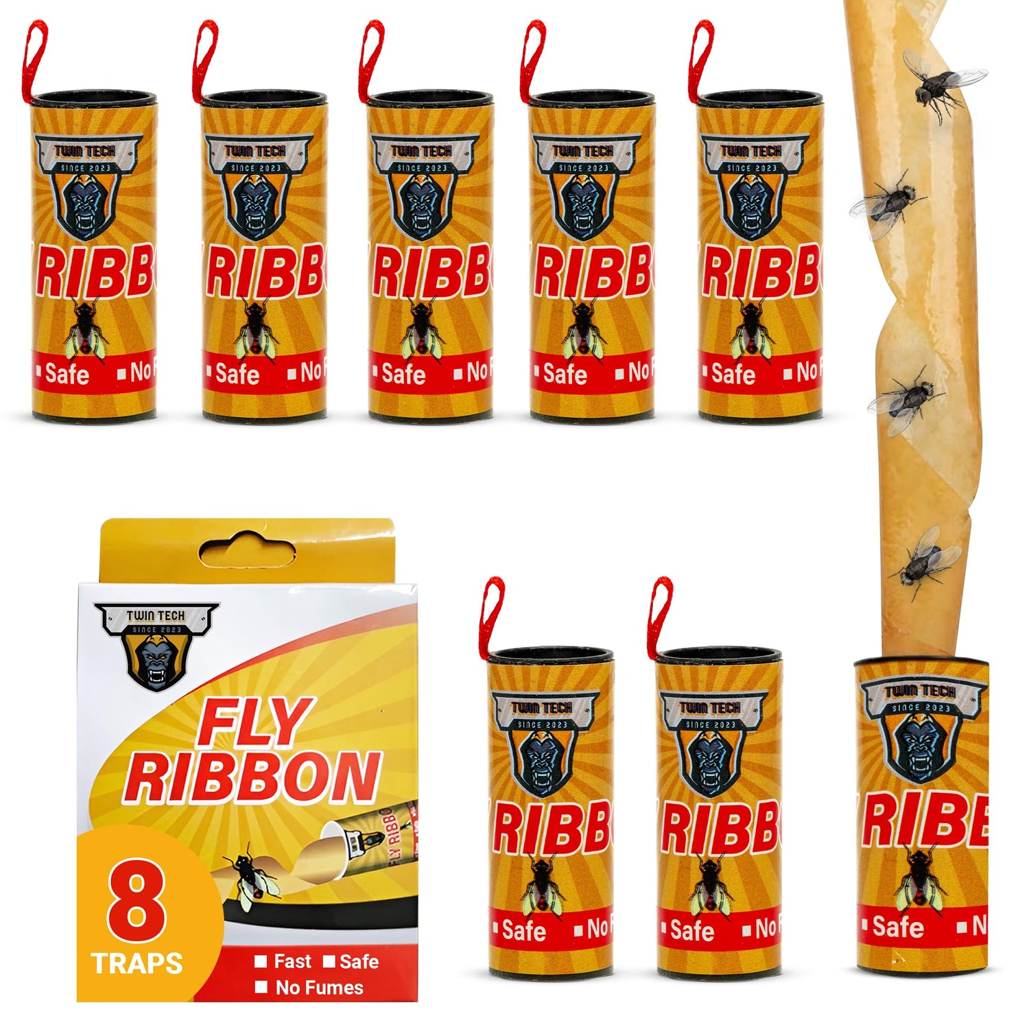 TwinTech Fly Ribbon - Fruit Fly Traps for Indoors and Outdoors - 8 Pack Premium Adhesive Strips with Pin - Hanging Trap for Bug, Gnat, Insect and Mosquito
