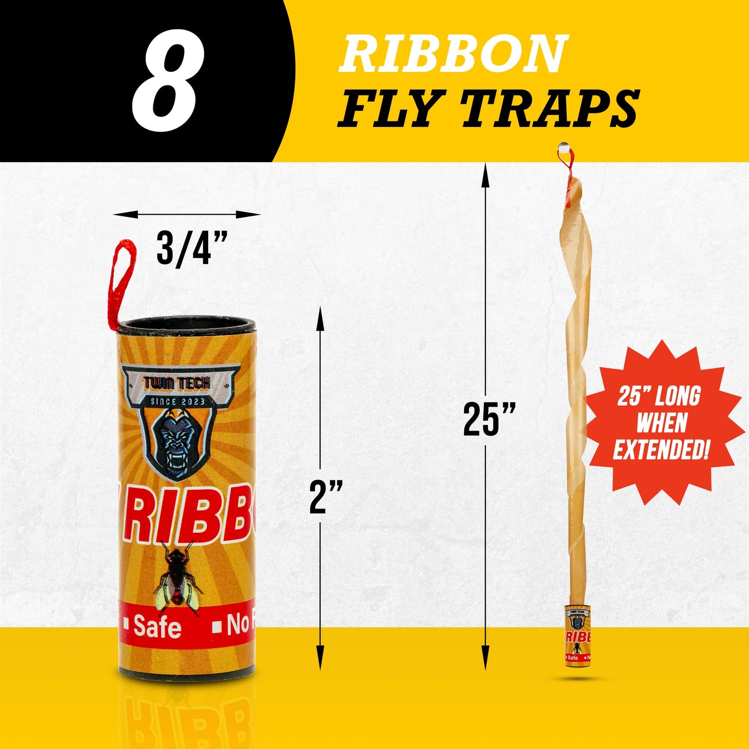 TwinTech Fly Ribbon - Fruit Fly Traps for Indoors and Outdoors - 8 Pack Premium Adhesive Strips with Pin - Hanging Trap for Bug, Gnat, Insect and Mosquito
