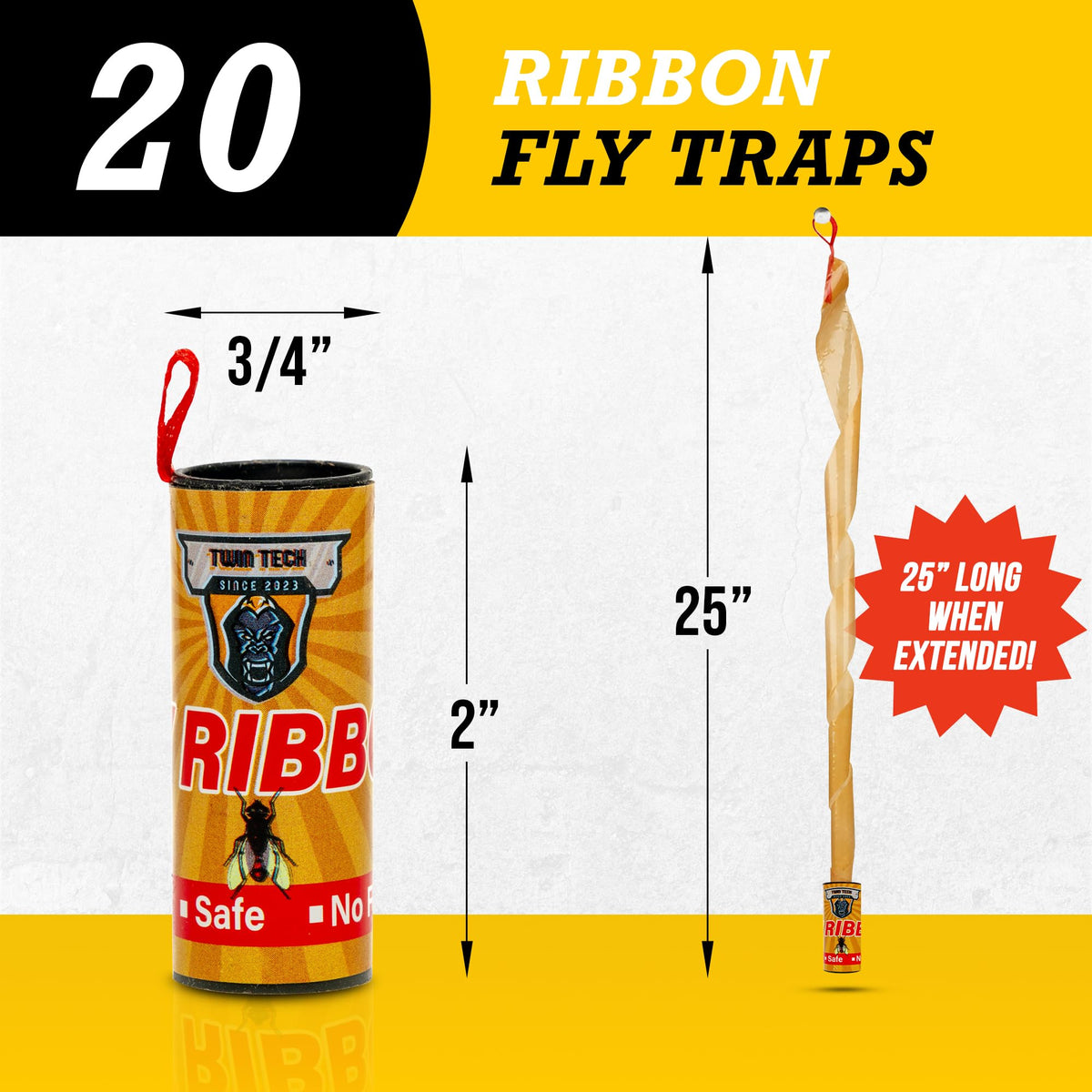 TwinTech Fly Ribbon - Fruit Fly Traps for Indoors and Outdoors - 20 Pack Premium Adhesive Strips with Pin - Hanging Trap for Bug, Gnat, Insect and Mosquito