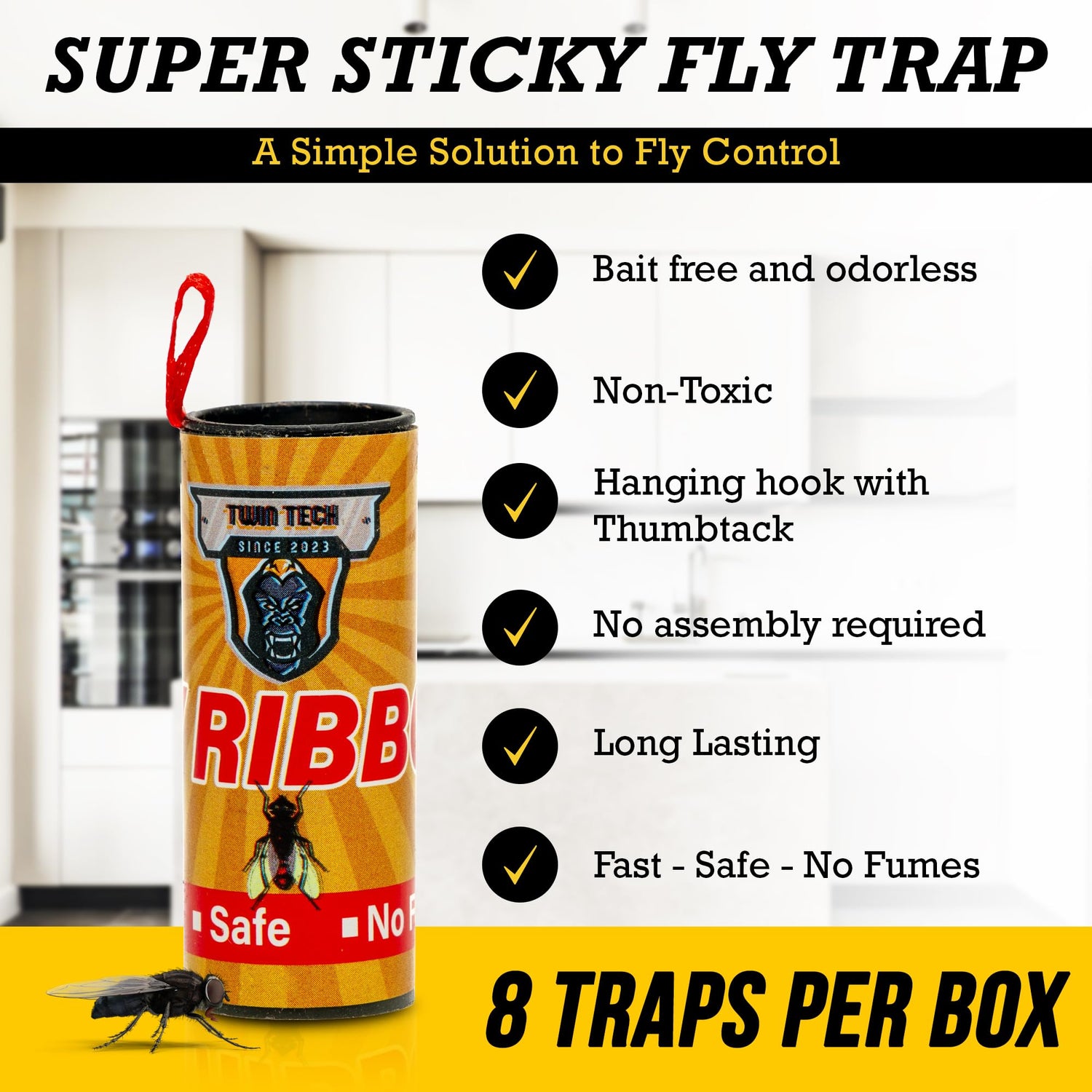 TwinTech Fly Ribbon - Fruit Fly Traps for Indoors and Outdoors - 8 Pack Premium Adhesive Strips with Pin - Hanging Trap for Bug, Gnat, Insect and Mosquito