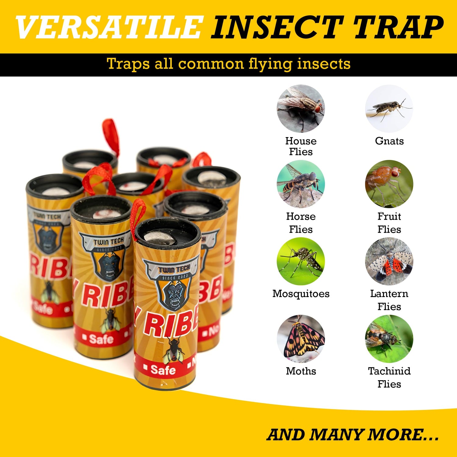 TwinTech Fly Ribbon - Fruit Fly Traps for Indoors and Outdoors - 8 Pack Premium Adhesive Strips with Pin - Hanging Trap for Bug, Gnat, Insect and Mosquito