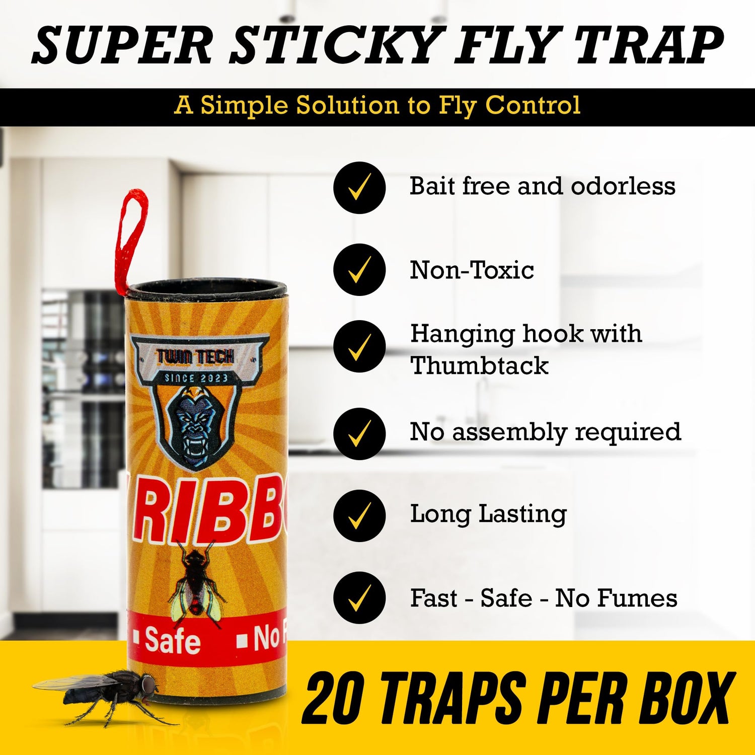 TwinTech Fly Ribbon - Fruit Fly Traps for Indoors and Outdoors - 20 Pack Premium Adhesive Strips with Pin - Hanging Trap for Bug, Gnat, Insect and Mosquito