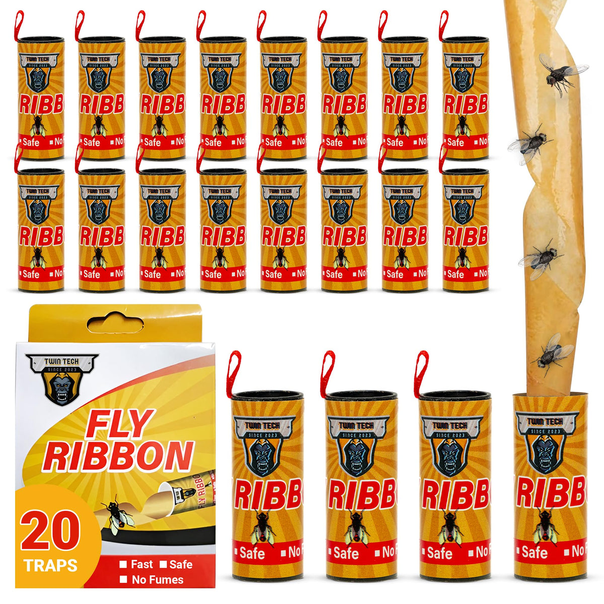 TwinTech Fly Ribbon - Fruit Fly Traps for Indoors and Outdoors - 20 Pack Premium Adhesive Strips with Pin - Hanging Trap for Bug, Gnat, Insect and Mosquito